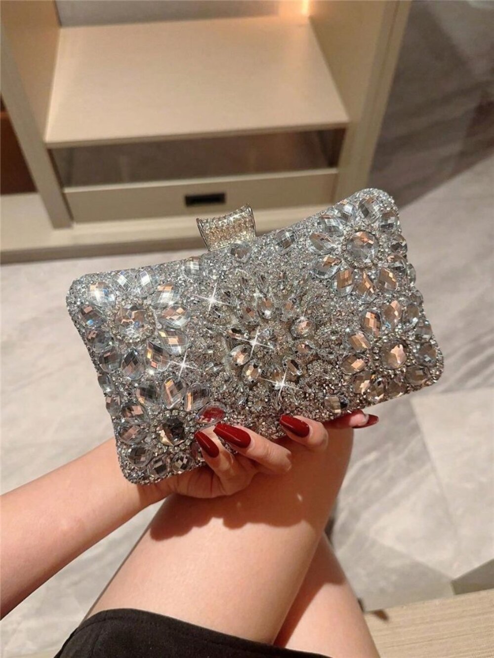 Luxury Silver Crystal Floral Rhinestone Evening Clutch Bag